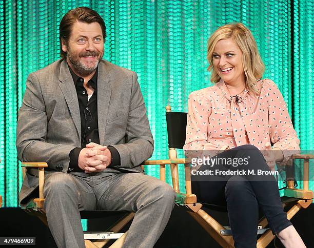 Actor Nick Offerman and actress Amy Poehler speak during The Paley Center for Media's PaleyFest 2014 Honoring "Parks and Recreation" at the Dolby...