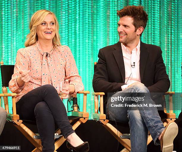 Actress Amy Poehler and actor Adam Scott speak during The Paley Center for Media's PaleyFest 2014 Honoring "Parks and Recreation" at the Dolby...