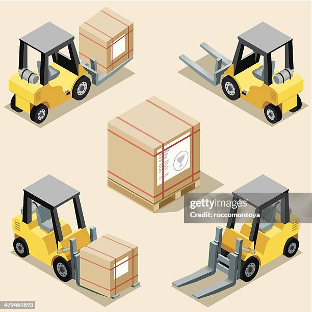 isometric, forklift - loading crates stock illustrations