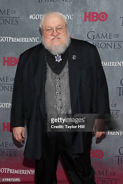Series creator George R.R. Martin attends the "Game Of Thrones" Season 4 premiere at Avery Fisher Hall, Lincoln Center on March 18, 2014 in New York...