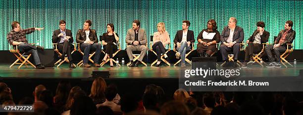 Moderator Patton Oswalt, creator/executive producer Michael Schur, actor Chris Pratt, actress Aubrey Plaza, actor Nick Offerman, actress Amy Poehler,...