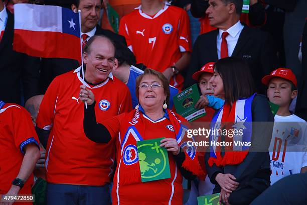 Patricio Walker Prieto, Chilean senator, Michelle Bachelet, President of Chile and Natalia Riffo, Chilean Minister of Sport are seen in the tribuen...