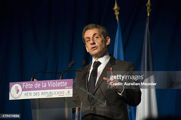 Former French President Nicolas Sarkozy addresses thousands of political supporters during a speech at La Fete de la Violette on July 4, 2015 in La...