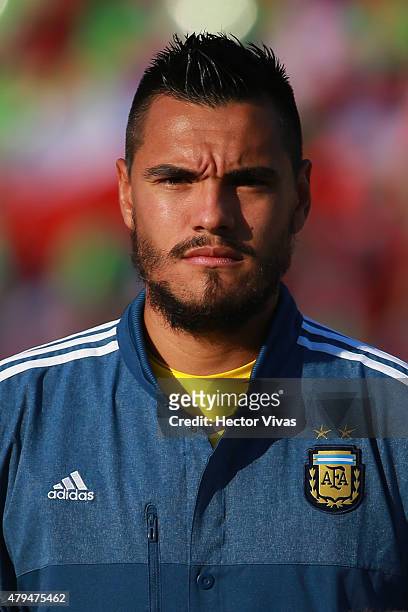 Sergio Romero of Argentina looks on during the national anthem ceremony prior the 2015 Copa America Chile Final match between Chile and Argentina at...
