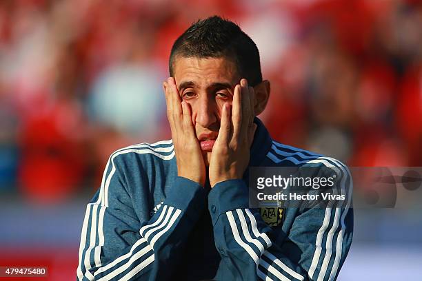 Angel di Maria of Argentina gestures during the national anthem ceremony prior the 2015 Copa America Chile Final match between Chile and Argentina at...