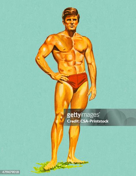 illustrations, cliparts, dessins animés et icônes de muscle man dans swim trunks - homme maillot de bain