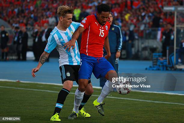 Lucas Biglia of Argentina fights for the ball with Jean Beausejour of Chile during the 2015 Copa America Chile Final match between Chile and...