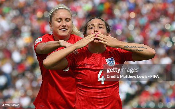 Fara Williams of England celebrates her goal from the penalty spot with Steph Houghton during the FIFA Women's World Cup 2015 Third Place Play-off...