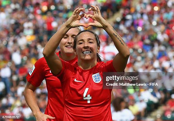 Fara Williams of England celebrates her goal from the penalty spot during the FIFA Women's World Cup 2015 Third Place Play-off match between Germany...