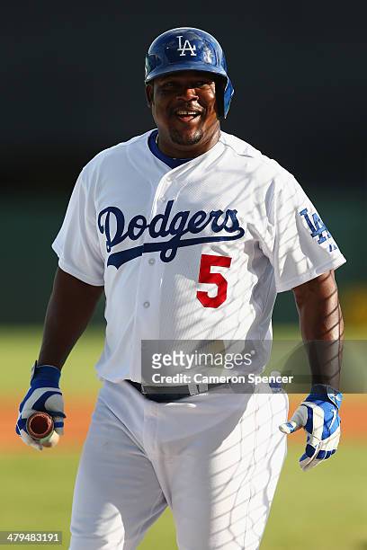 Juan Uribe of the Dogers smiles during a Los Angeles MLB training session at Sydney Cricket Ground on March 19, 2014 in Sydney, Australia.