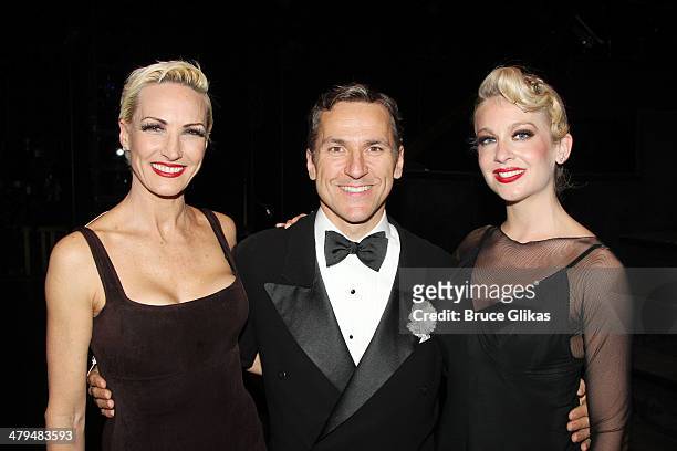 Amra Faye Wright, Elvis Stojko and Anne Horak pose backstage at "Chicago" on Broadway at The Ambassador Theater on March 18, 2014 in New York City.