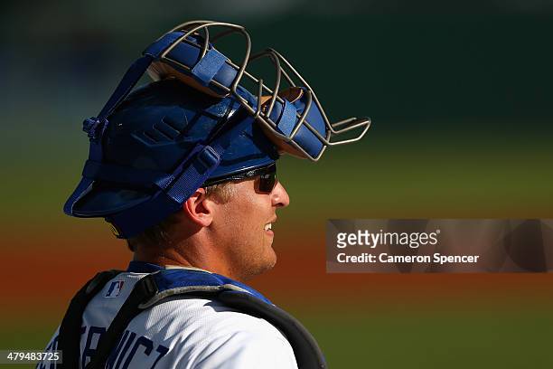 Tim Federowicz of the Dodgers looks on during a Los Angeles MLB training session at Sydney Cricket Ground on March 19, 2014 in Sydney, Australia.