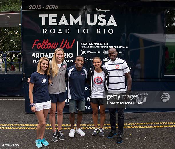 Olympians Tanith White, Esther Lofgren, Jordan Burroughs, Paige Selenski, and Carl Lewis pose for a picture during the Team USA Road to Rio Tour...