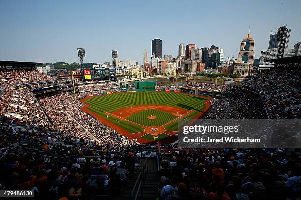 General view as Cody Anderson of the Cleveland Indians pitches to Andrew McCutchen of the Pittsburgh Pirates in the seventh inning during the...