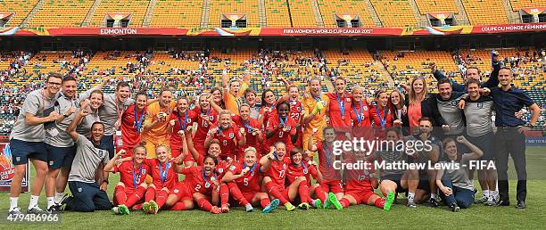 England celebrate their third place win over Germany after the FIFA Women's World Cup 2015 Third Place Play-off match between Germany and England at...