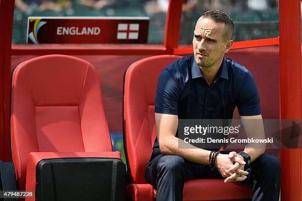 Head coach Mark Sampson of England reacts prior to kickoff during the FIFA Women's World Cup Canada 2015 Third Place Play-off match between Germany...