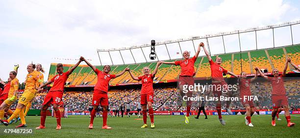 Players of England celebrate after winning the FIFA Women's World Cup 2015 Third Place Play-off match between Germany and England at Commonwealth...