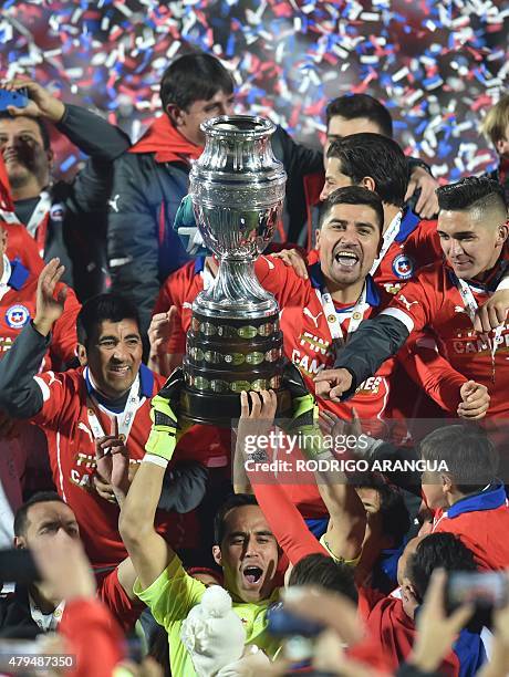 Chilean players celebrate after winning the 2015 Copa America football championship final against Argentina, in Santiago, Chile, on July 4, 2015....