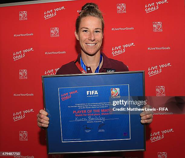 Karen Bardsley of England pictured with the 'Player of the match' award after the FIFA Women's World Cup 2015 Third Place Play-off match between...