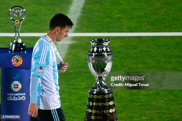 Dejected Lionel Messi of Argentina looks on after being defeated by Chile during the 2015 Copa America Chile Final match between Chile and Argentina...