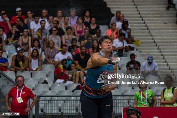 Valerie Adams of New Zealand competes in Women's Shot Put during the Meeting Areva - IAAF Diamond League at Stade de France on July 04, 2015 in...