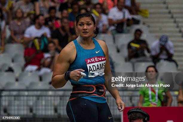 Valerie Adams of New Zealand competes in Women's Shot Put during the Meeting Areva - IAAF Diamond League at Stade de France on July 04, 2015 in...