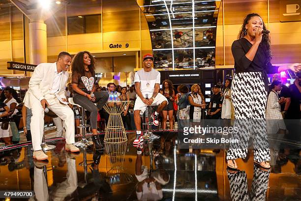 Frank Gatson Jr., Kelly Rowland and Trey Songz attend the Samsung Galaxy Experience at the ESSENCE Festival on July 4, 2015 in New Orleans, Louisiana.