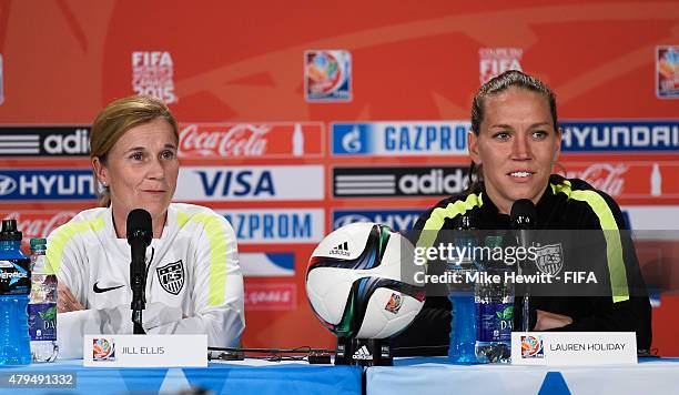 Coach Jill Ellis and Lauren Holiday of USA face the media during a Press Conference ahead of the FIFA Women's World Cup 2015 Final between USA and...