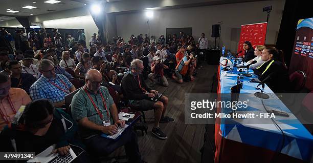 Coach Jill Ellis and Lauren Holiday of USA face the media during a Press Conference ahead of the FIFA Women's World Cup 2015 Final between USA and...
