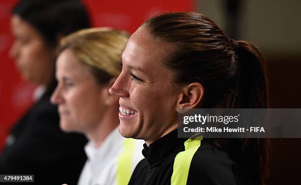 Lauren Holiday of USA faces the media during a Press Conference ahead of the FIFA Women's World Cup 2015 Final between USA and Japan at BC Place...