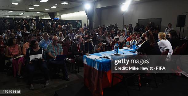 Coach Jill Ellis and Lauren Holiday of USA face the media during a Press Conference ahead of the FIFA Women's World Cup 2015 Final between USA and...