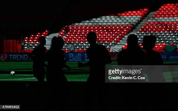 Players for the United States of America warm up during a training session prior to the FIFA Women's World Cup Canada 2015 Final between the United...