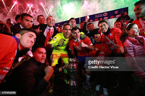Claudio Bravo and Gary Medel of Chile celebrate after winning the 2015 Copa America Chile Final match between Chile and Argentina at Nacional Stadium...