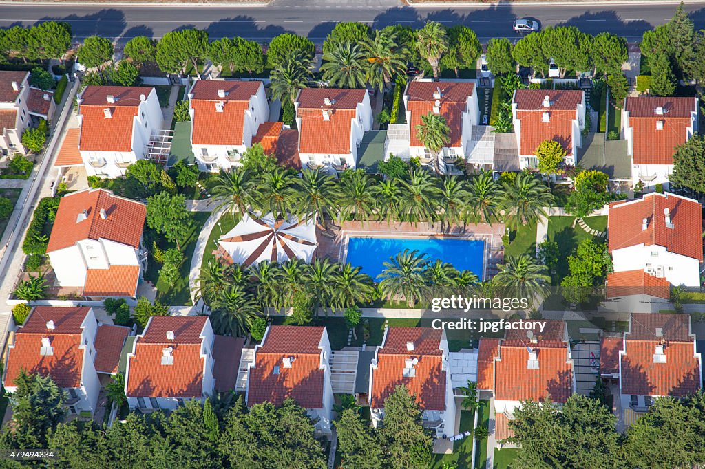 Aerial view group of houses with pool