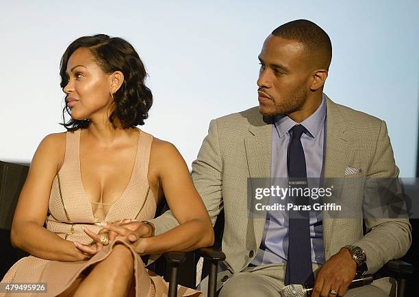 Meagan Good and DeVon Franklin attends "Power Of Diversity In Media, Television, and Film" panel at the 2015 Essence Music Festival on July 4, 2015...