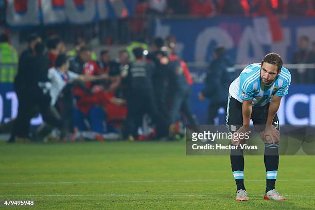Gonzalo Higuain of Argentina looks dejected after the 2015 Copa America Chile Final match between Chile and Argentina at Nacional Stadium on July 04,...