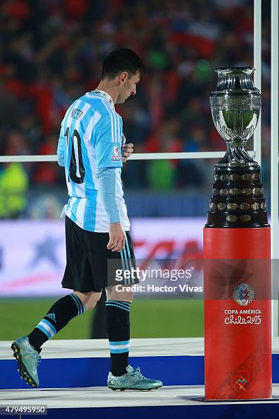 Lionel Messi of Argentina looks dejected after the 2015 Copa America Chile Final match between Chile and Argentina at Nacional Stadium on July 04,...