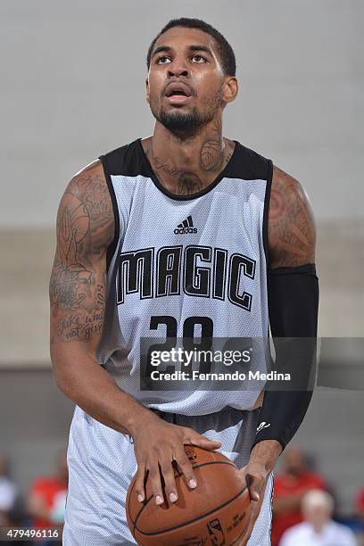 Glen Rice Jr. #28 of the Orlando Magic prepares to shoot a free throw against the Detroit Pistons on July 4, 2015 at Amway Center in Orlando,...