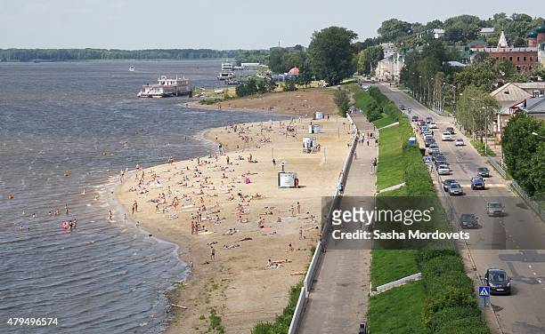 General view of the beach of Volga river embankment on July 4, 2015 in central Kostroma, Russia. 330 km. Northeast of Moscow, Russia.
