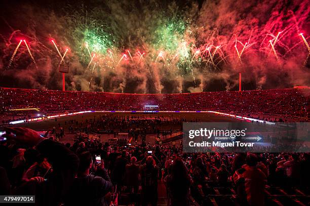 Fireworks explode above the Nacional Stadium after the 2015 Copa America Chile Final match between Chile and Argentina at Nacional Stadium on July...