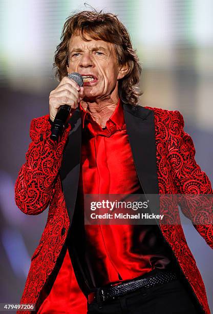 Mick Jagger of the Rolling Stones performs at the Indianapolis Motor Speedway on July 4, 2015 in Indianapolis, Indiana.