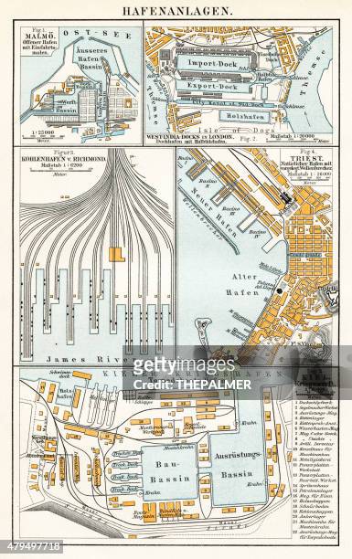 illustrazioni stock, clip art, cartoni animati e icone di tendenza di mappa di port strutture 1895 - malmö