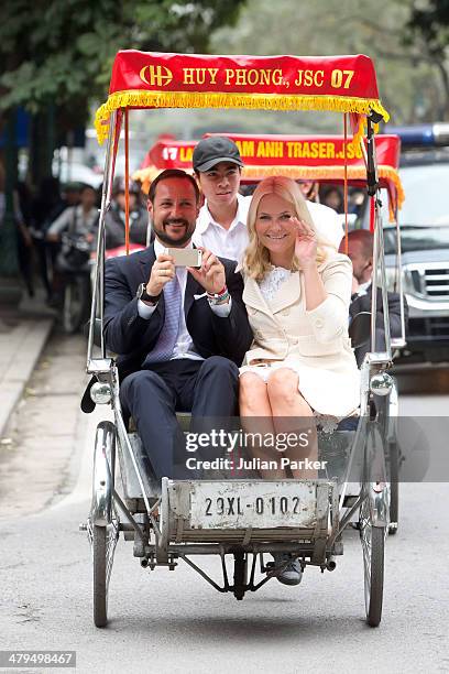 Crown Prince Haakon and Crown Princess Mette-Marit of Norway during day 1 of an official visit to Vietnam, take a Cyclo ride back to the Sofitel...