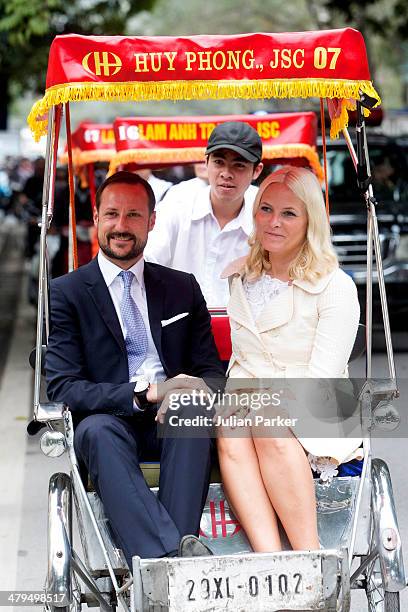 Crown Prince Haakon and Crown Princess Mette-Marit of Norway during day 1 of an official visit to Vietnam, take a Cyclo ride back to the Sofitel...