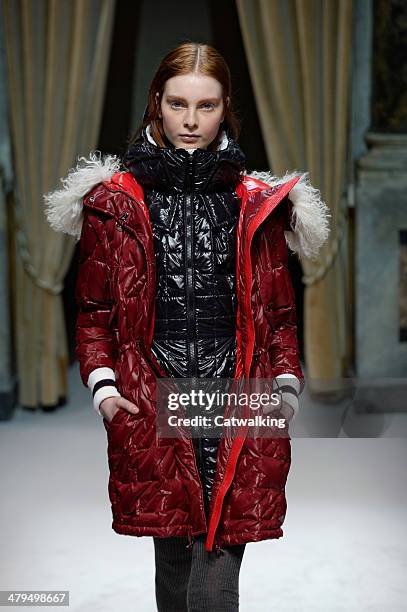 Model walks the runway at the Fay Autumn Winter 2014 fashion show during Milan Fashion Week on February 19, 2014 in Milan, Italy.