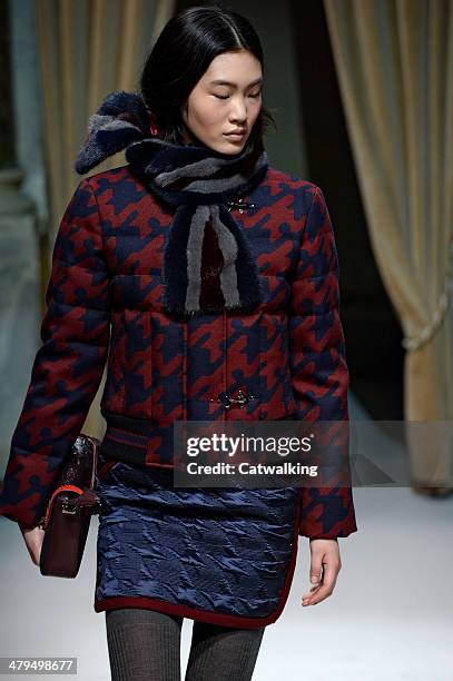 Model walks the runway at the Fay Autumn Winter 2014 fashion show during Milan Fashion Week on February 19, 2014 in Milan, Italy.