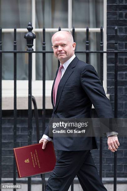 Foreign Secretary William Hague leaves Downing Street on March 19, 2014 in London, England. The Chancellor of the Exchequer will deliver his Budget...