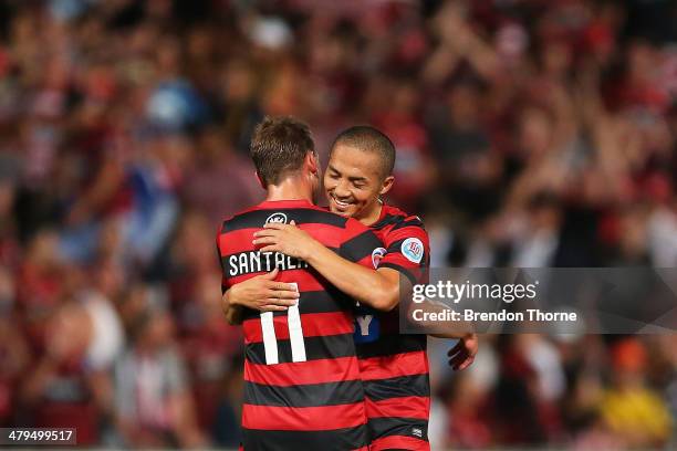 Shinji Ono and Brendon Santalab of the Wanderers celebrate at full time following the AFC Asian Champions League match between the Western Sydney...