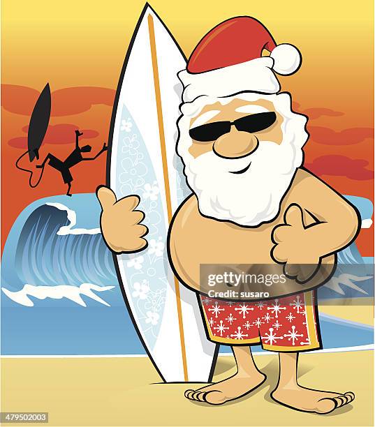summer vacation - surfing santa stock illustrations