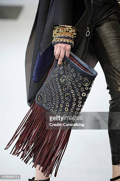Accessories, a handbag detail on the runway at the Just Cavalli Autumn Winter 2014 fashion show during Milan Fashion Week on February 20, 2014 in...